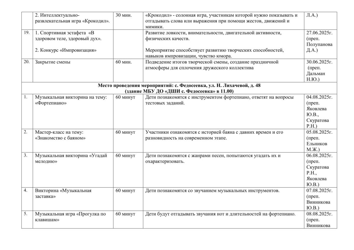 План работы